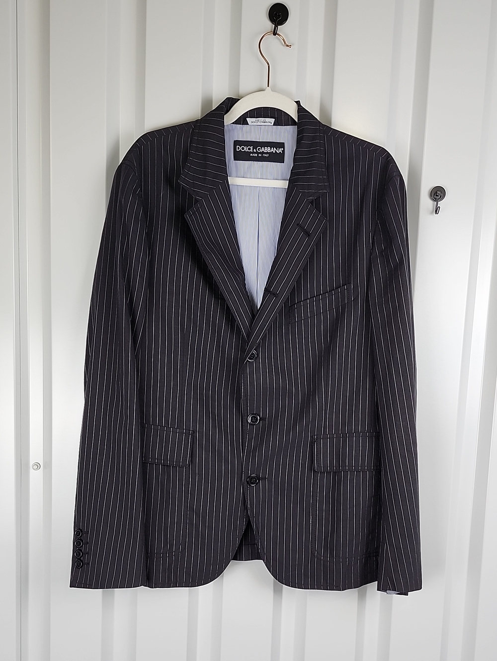 Dolce & Gabbana Men's Black Pinstripe Cotton Linen Suit Jacket Size IT52  US42